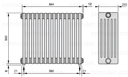 Схема (чертеж) Радиатор Zehnder Charleston 6090/14 №5310 Белый глянцевый RAL 9016